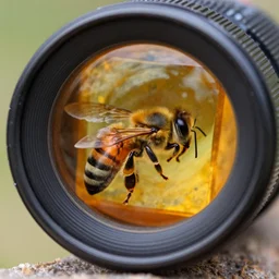 a bee seen through a 7 0 mm macro lens, trapped in a square amber stone