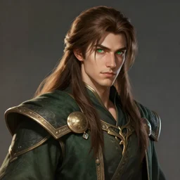 realistic portrait, 25 years old man :: athletic fantasy mage :: green eyes, long brown hair :: wearing a robe :: high detail, digital art, RPG, concept art, illustration