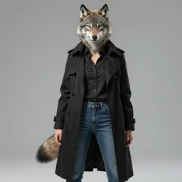 female humanoid wolf dressed in a black trench coat, button up shirt, and jeans in the style of jean giraud trending on artstation deviantart pinterest furaffinity detailed realistic hd 8 k high resolution