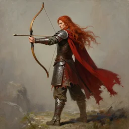 a painting of an elven archer with long red hair holding a bow, wearing elven tribal ornamented armor, red ragged cape, full body concept, beksinski, ruan jia