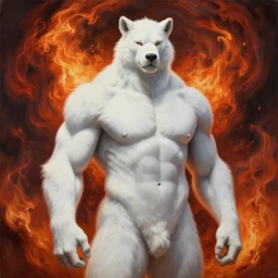 award winning Painting portrait commission art of a gigantic shirtless muscular albino male furry amongst a fire tornado, Character design by charlie bowater, ross tran, artgerm, and makoto shinkai, detailed, inked, western comic book art, 2021 award winning painting