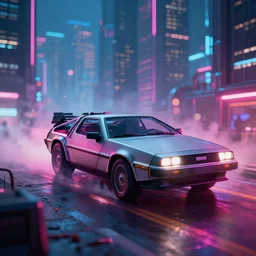 delorean in a cyberpunk city with skyscrapers, artstation award winner, digital art,  volumetric lighting, neon colors, smoke, bokeh lights ,short telephoto, octane render, highly detailed