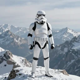 star wars snowtrooper on a snowy mountain top, greg rutkowski, 8 k, shallow depth of field, intricate detail, concept art,