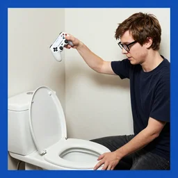 white boy with brown hair and glasses throwing a video game into a toilet, scott wozniak, scott the woz, blue border