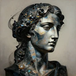 epic concept art. abstract female face silhouette mixing with black and color liquid fluid, minerals. abstract sculpture. art deco swirls. masterpiece, michelangelo. concept art, matte painting. greg rutkowski, wlop, victo ngai, kandinski