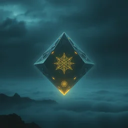 bad omens, beyond the horizon, just one gaint very lonely floating magnificent tetrahedron spacecraft, on which mystical symbols glowing!! symmetry!! dark night. medium long shot. grey blue. sharp edges. octane render, ultra clear detailed!! digital art by stanley artgerm lau, greg rutkowski, thomas kindkade, alphonse mucha