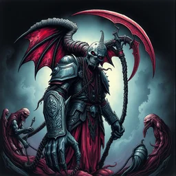 black ink & copic markers, vibrant muted colors, disturbing grunge still of a [ lovecraftian demon infested ] [ spawn ], he wears light armor and has a giant scythe on his back, by albert bierstadt, fisheye lens effect, evil, insanely detailed and intricate, hypermaximalist, elegant, ornate, hyper realistic, super detailed
