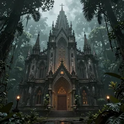 dark fantasy cathedral in jungle