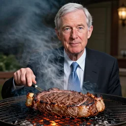 dslr photo portrait still of jerome powell grilling steaks, 8 5 mm f 1. 8