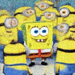 Spongebob hiding amongst a group of minions