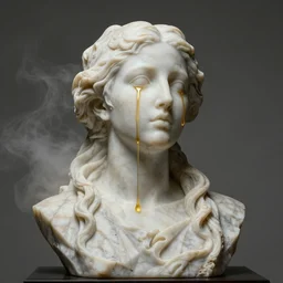 a sculpture of a person with flowing golden tears, a marble sculpture by nicola samori and beksinski, behance, neo - expressionism, marble sculpture, apocalypse art, made of mist