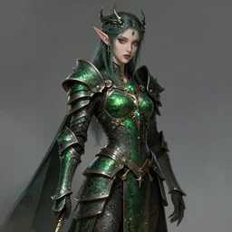 Gothic elf princess in dark and green dragon armor, sci-fi, highly detailed, digital painting, artstation, concept art, smooth, sharp focus, illustration, art by artgerm and greg rutkowski and alphonse mucha