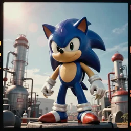 ektachrome medium format provia film still of a sonic the hedgehog blue chemical plant zone creature with fangs and claws, faded, anomorphic lens flare, creepypasta