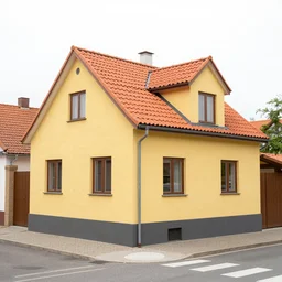 beautiful yellow house with orange roof tiles next to the street t junction