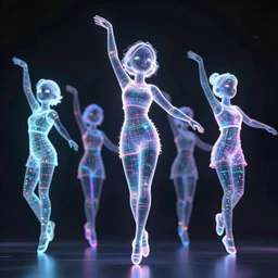 dancing holographic girls, futuristic, silhouette, in the style of Pixar animation, very low angle view, 16mm lens, award winning, hyper detailed, dramatic lighting, artstation, octane renderer, unreal engine