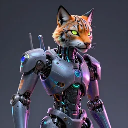 a maximalist very detailed 3 d sculpture of an antropomorphic humanoid android with a head of a lynx. lowbrow blacklight color palette. artwork by subjekt zero. tools used : blender, cinema 4 d, houdini 3 d, zbrush, unreal engine. 8 k 3 d. collect influence from mechas and robots on artstation deviantart and ninstagram.