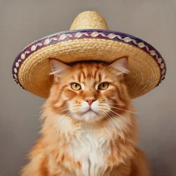 Beatiful Oil painting of an orange Maine-coon with a white beard. wearing a wide-brimmed straw sombrero sombrero