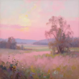 an oil painting of the joys of the morning, pink hues, amazing landscape, warm modern by Artstation, by CGSociety, by Ross Tran