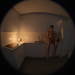 minimalistic kitchen dim lit by a candle ripped physique simon stalenhag gerald brom bastien grivet by greg rutkowski, fisheye camera