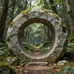 Big round stone portal to other worlds in centre forest, trending on artstation, 30mm, by Noah Bradley