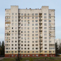 art of small soviet apartment building stands at russian suburbs, full frame