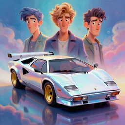 stylish 3 d vfx - drew struzan movie poster - art of an iridescent - heavenly 1 9 8 0 lamborghini countach, art style by james jean & hsiao - ron cheng, unreal engine render, digital illustration, sharp, intricate detail, volumetric lighting, ray tracing, soft lighting, colourful, claymation style, symmetry, ernie barnes style, acrylic on canvas,
