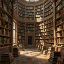 ancient enormous library, sunlight shadows, lot of books, painting, concept art