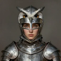 head and shoulders portrait of a female knight. metal armor, barn owl helmet. elegant, highly detailed, digital painting, artstation, concept art, symmetry, smooth, sharp focus, illustration, art by artgerm and rutkowski and mucha by theodore ralli and nasreddine dinet and anders zorn and nikolay makovsky and edwin long
