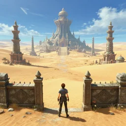 a young man standing at the entrance of an isolated sacred spiritual fantasy alien village in a vast sand desert, final fantasy, square enix, squaresoft, jrpg, unreal engine