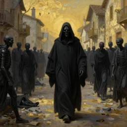 oil matte portrait painting, village street filled with black death victims as grim reaper walks through, wonderful masterpiece highly detailed, beautiful cinematic light deep focus, elegant, digital painting, smooth, sharp focus, golden ratio, dramatic illumination, ultra realistic, 8 k, art by salvator rosa