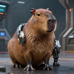 film still of a mechanical capybara in a marvel movie, science fiction industrial hard science 8k, render octane