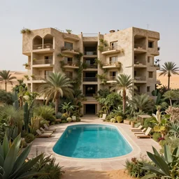 brutalism habitat 6 7 building in the desert, biophilia mood, pool, garden, highly detailed, cinematic, photorealistic,