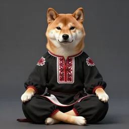 lotus pose, anthropomorphic shiba inu, realistic scifi cyberpunk, wearing for man ukrainian traditional black vyshyvanka clothes, portrait art by donato giancola and greg rutkowski, realistic face, digital art, trending on artstation, symmetry