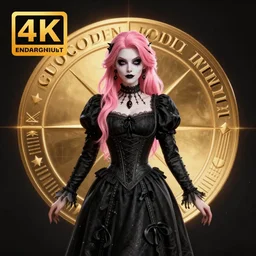 [ a [ vampiric ]! woman with pink hair and goth makeup! ]! posing in a [ medieval black dress ]!, trending on artstation, fred arsenault, 4 k, contest winner, award winning, zbrush!, 3 d render, golden ratio, centered!