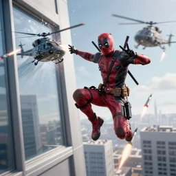 Deadpool leaps off militarily helicopter firing missiles and smashes through high rise window, explosions, by Emmanuel Lubezki