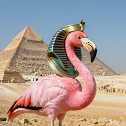 a pink flamingo, wearing an egyptian crown, atef, highly intricate, egyptian clothing, ancient pyramids background, award winning art, trending on artstation, art by Tom Bagshaw