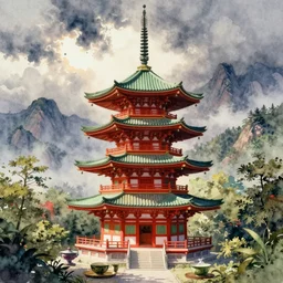 watercolour painting of a pagoda, green and red accents, tea drinking, mountains in background