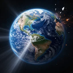 cosmic size ray, slashing earth, shattered into pieces, 4 k, octane render, dark tint, massive explosion, debris spread