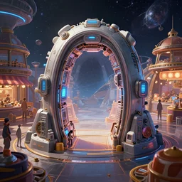 multi dimensional transporter gate in space inside a bustling space bazaar, concept art, digital art, illustration, sharp focus, octane render, by julian calle, trending on artstation