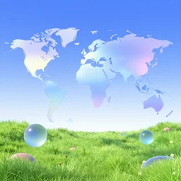 slick, futuristic looking 3 d render of a world with orbs flying over a meadow with blue sky. gradients, translucence. softimage 3 d. pre - 2 0 0 0 s era. trending on tumblr, vaporwave, futurism, cyber y 2 k. 1 9 9 0's computer art