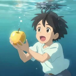 cute boy catching golden apple under - water, by makoto shinkai, artstation, digital art, high detalied,