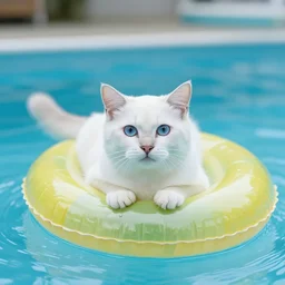white cat with blue eyes on a float in the pool