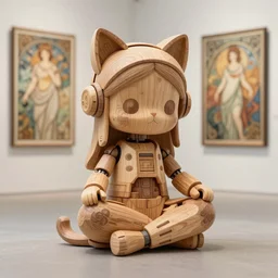 3D 8k octan render ,ultra photorealistic, detailed unreal engine ,a wooden sculpture wooden art toys wooden on feet very cute robot goddess of greek mythology wooden with cat ears , zen méditation cyberpunk concept art wooden ,trending on cgsociety, a contemporary art gallery art  in néo Paris ,art by Alphonse Mucha