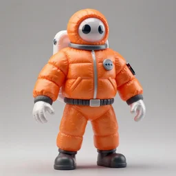 still figurine of a tall giant inflated space man action figure wearing over sized orange puffy bomber jacket, tareme eyes, small head, personification, dynamic pose, detailed product photo, tone mapped, beautiful composition, 8 5 mm, f 5. 8, soft lighting
