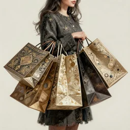 a woman carryinbg way too much shoping bags intricate, elegant, highly detailed, digital painting, artstation, concept art, sharp focus, illustration, by justin gerard and artgerm, 8 k