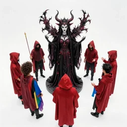 An evil cult about to summon an evil female deity. All of the members with the expection of the leader are red hooded. They work for LGBTQ. One of the members hold a LGBTQ flag. 4K GoPro image.