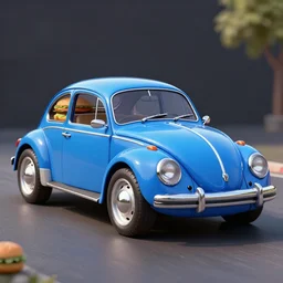 a blue beetle car with burgers for wheels, digital art 4 k,
