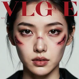 marred beauty, symmetrical, facial scars, covergirl, war wounds, magazine cover, visible skull