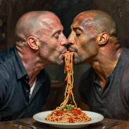 portrait of vin diesel and dwayne the rock johnson sharing spaghetti noodle kiss, an oil painting by ross tran and thomas kincade