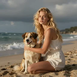 blonde girl with a dog sitting by the beach